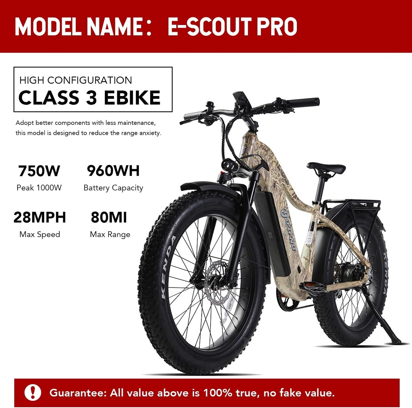 E-Scout PRO, 750W Electric Bike Adults, 80Miles Motor Ebike, 48V 20Ah Battery, 26'' Fat Tire 28MPH Men Women Bicycle for Snow Beach Mountain off Road