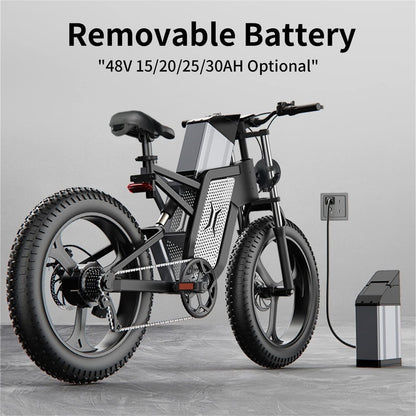 X20 Electric Bicycle for Adults, 20" X 4.0 One-Piece Fat Tire, 2000W Electric Bike, 48V 25/30AH Removable Battery, up to 30 MPH, Shimano 7-Speed, Dual