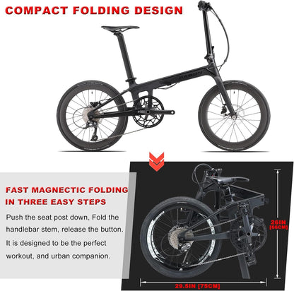 New Upgrade Folding Bike, 20 Inch Carbon Fiber Frame with Carbon Wheelset 9 Speed Mini City Bike Foldable Bicycle for Women Adults Men Ultra-Light