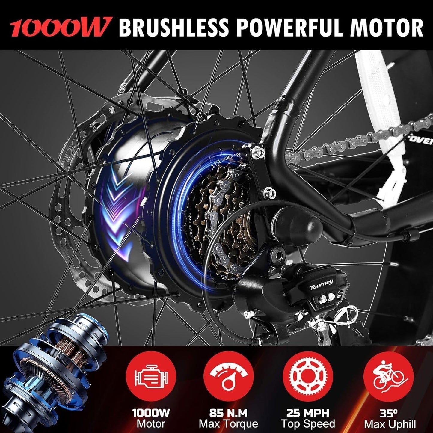 Electric Bike for Adults, 26" X 4.0 Fat Tire Electric Mountain Bicycle, 1000W Motor 48V 15Ah Ebike with Professional 7 Speed, Hidden Lithium-Ion