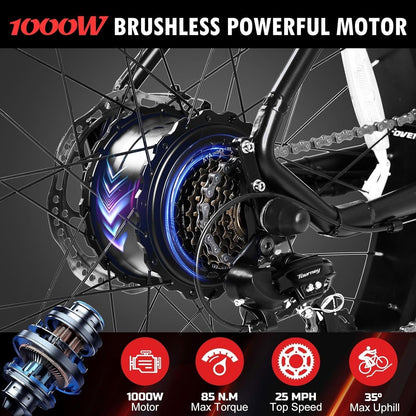 Electric Bike for Adults, 26" X 4.0 Fat Tire Electric Mountain Bicycle, 1000W Motor 48V 15Ah Ebike with Professional 7 Speed, Hidden Lithium-Ion