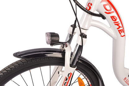 DJ City Bike 750W 48V 13Ah Step-Thru Power Electric Bicycle, Pearl White, LED Bike Light, Fork Suspension and Shimano Gear