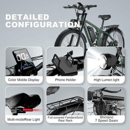 Electric Bike, Dual Motor AWD 2000W Ebike 35MPH Adult Electric Bicycles,48V 22.4Ah Removable Lithium Battery, 7 Speed with Dual Crown Fork