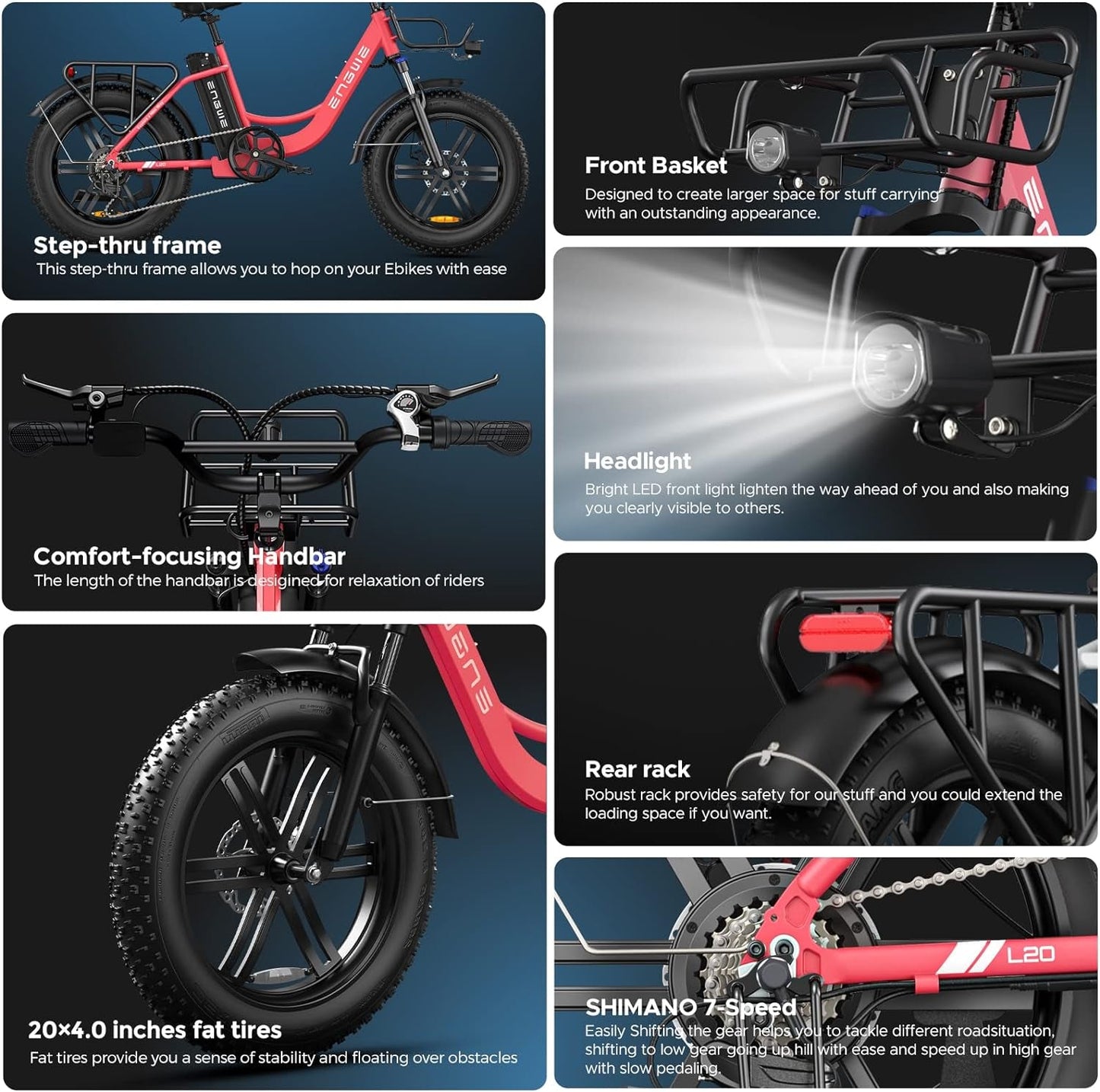 L20 750W Electric Bike for Adults Women - 20" Fat Tire Step-Thru E-Bike with 48V 13AH Battery, Shimano 7-Speed, Dual Shock Absorber - Perfect for
