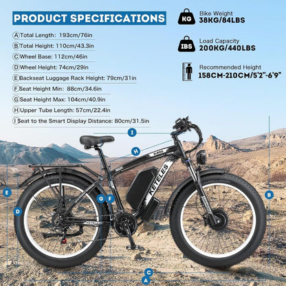 Electric Bike for Adults,Ebike 2000W 48V/23Ah 30MPH,1000W 48V/17.5Ah 27MPH Electric Mountain Bike,21-Speed 26"*4.0 Fat Tire Electric Bike,Electric