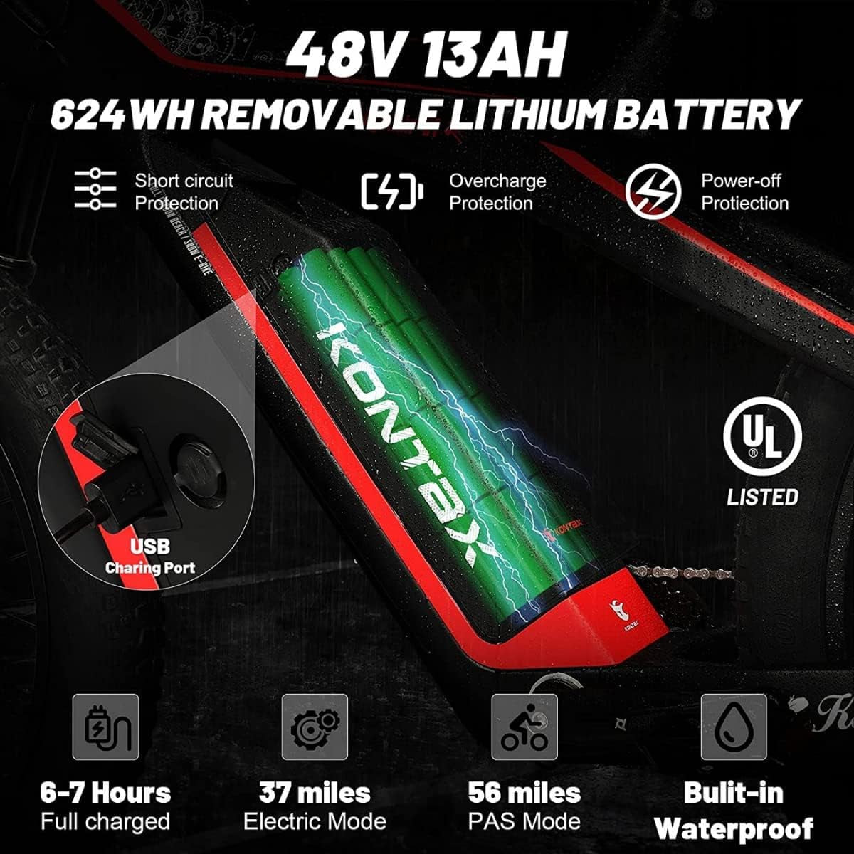 Electric Bikes Carbon Fiber Ebike for Adults 750W 25MPH, 48V/13Ah Removable Battery, 26'' Fat Tire Ebike Beach Mountain Snow E-Bike Shimano 8-Speed