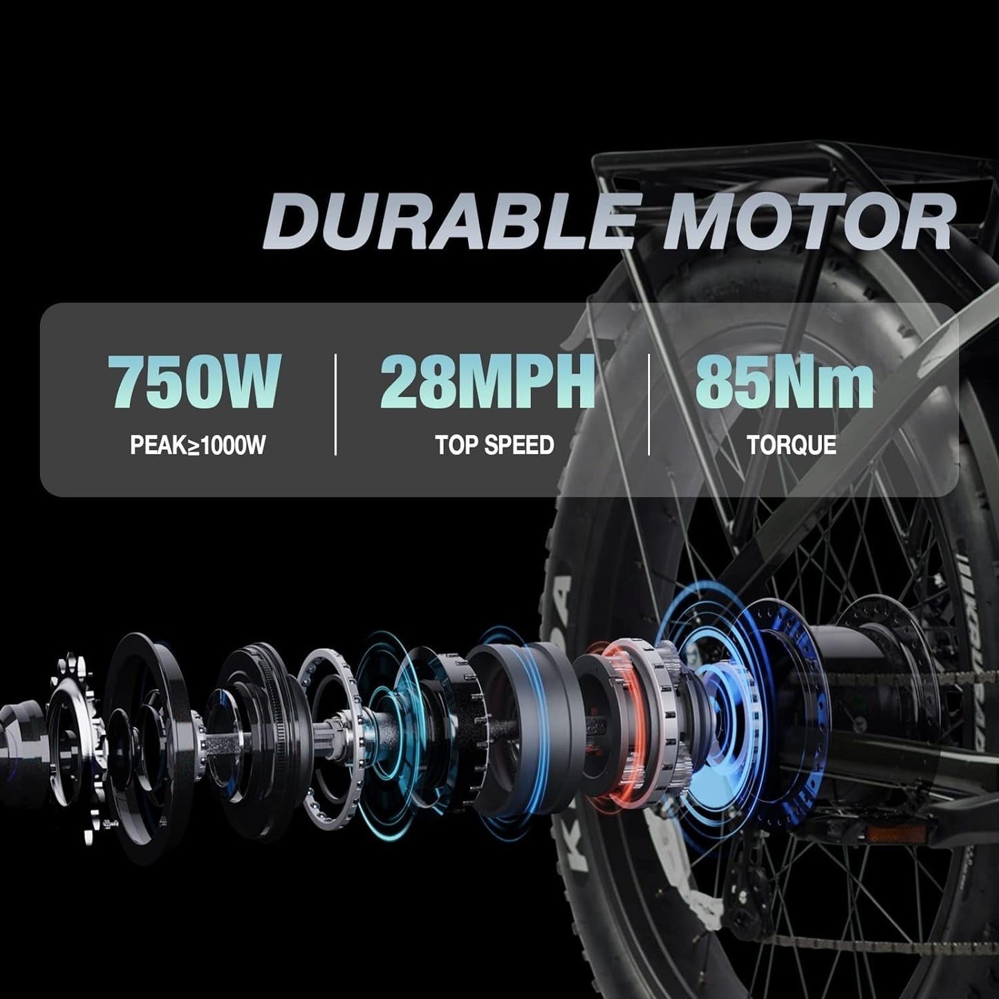Young Electric Bike E-Scout, 750W Motor 48V 15Ah Battery up to 60 Miles 28MPH, 26''X4.0'' Fat Tire Mountain Snow Beach Off-Road Adult Ebike