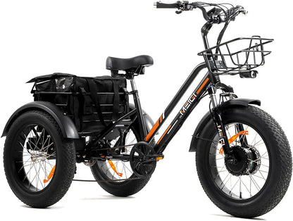 3 Wheel Electric Bike for Adult with 750W Motor, 48V 18.2AH Removable Lithium Battery, 20"*4.0 Fat Tire Tricycles for Men Women with Front & Rear