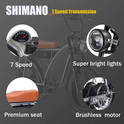 US Stock  E5 plus Cool Retro Moped Utilitarian Electric Bike 18AH 2000W Dual Motor Fat Tire 20 Inch Motorcycle Ebike Long Range off Road Snow