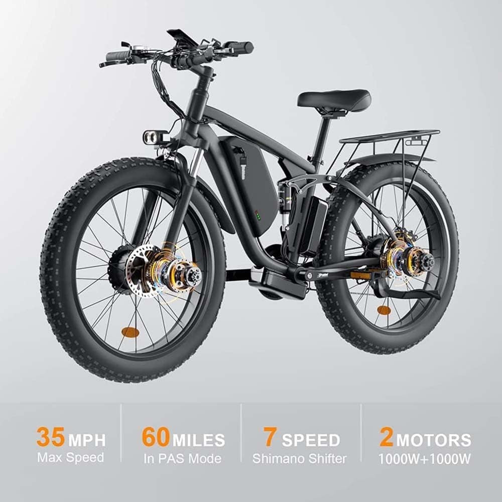 SMLRO V3 Adults Electric Bike, 2000W Dual Motor 48V 22Ah AWD Ebike, 82NM Torque 35MPH Electric Bicycles Shimano 7 Speed with 26" MTB for Trail Riding
