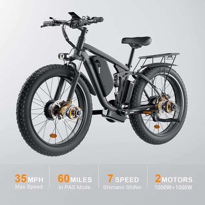 SMLRO V3 Adults Electric Bike, 2000W Dual Motor 48V 22Ah AWD Ebike, 82NM Torque 35MPH Electric Bicycles Shimano 7 Speed with 26" MTB for Trail Riding