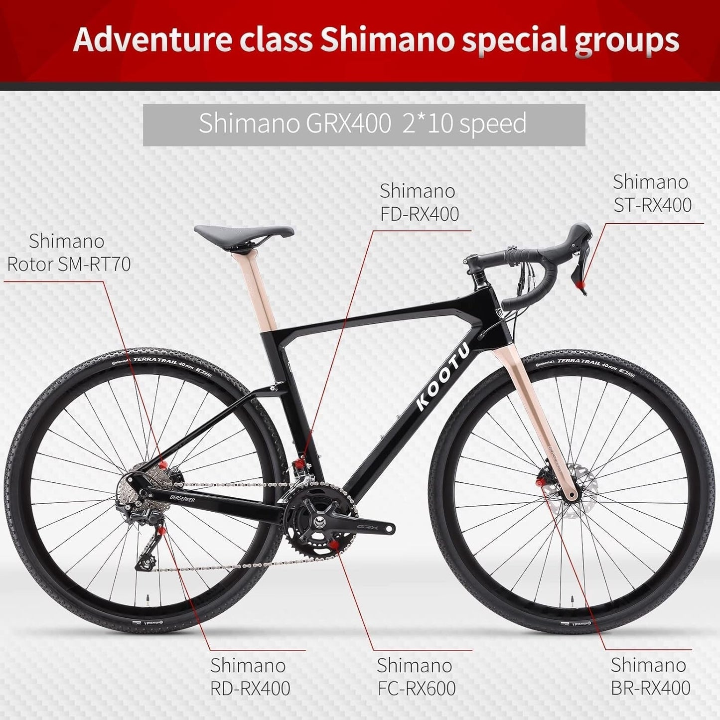 Carbon Gravel Road Bike, T800 Carbon Frame Adventure Road Bicycle with Shimano GRX 400 Shift Professional Adventure Groupset 20 Speed Disc Brake