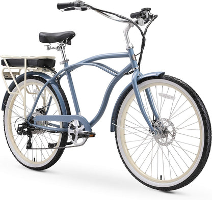 around the Block Men'S Electric Bicycle, 7 Speed Beach Cruiser Ebike with Rear Rack, 250/500 Watt Motor, Multiple Colors