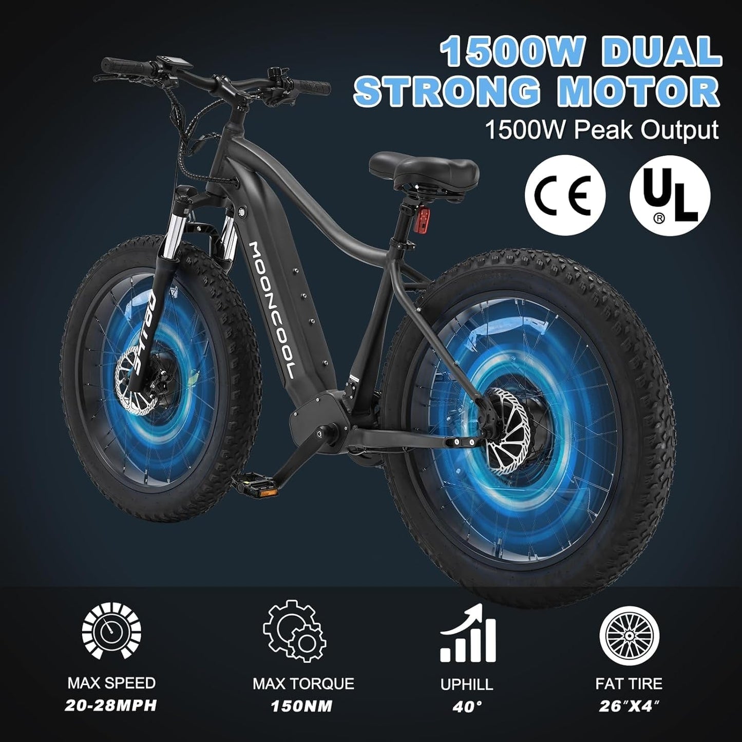 Electric Bike for Adults, 26" Fat Tire Electric Mountain Bikes, 1000W Electric Bicycles Peak 1500W Ebike, Electric Aluminum Frame off Road Bike with