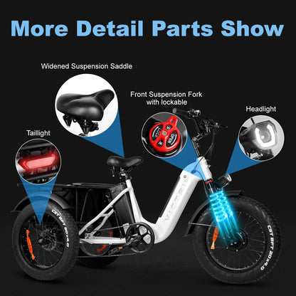 Electric Trike for Adults 100+ Miles Long Range 20" Fat Tire Electric Tricycle 750W 48V 31.5Ah Removable Dual Battery 3 Wheel Electric Bicycle with