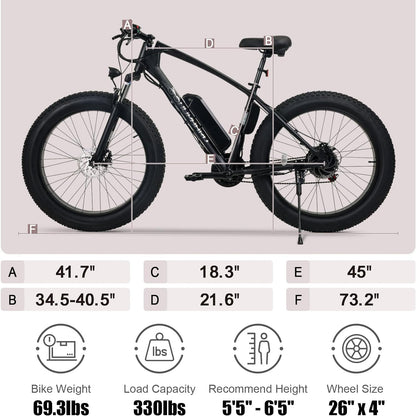 Electric Bike for Adults, 26" X 4" Fat Tire Ebike, 500W (Peak 750W) Mountain Electric Bicycles 20 MPH, 40 Miles 48V Li-Ion Battery, 21 Speed, Air