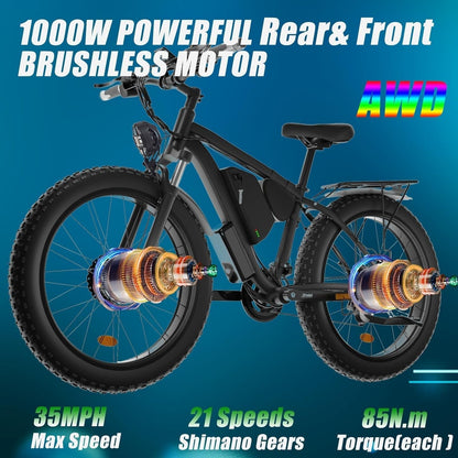 SMLRO XDC600 plus 2000W Electric Bicycle Adults Ebikes 35MPH, Dual Motor Electric Bike 48V 22.4AH Mountain E-Bike, 26"*4.0 Fat Tire Snow Beach Ebike