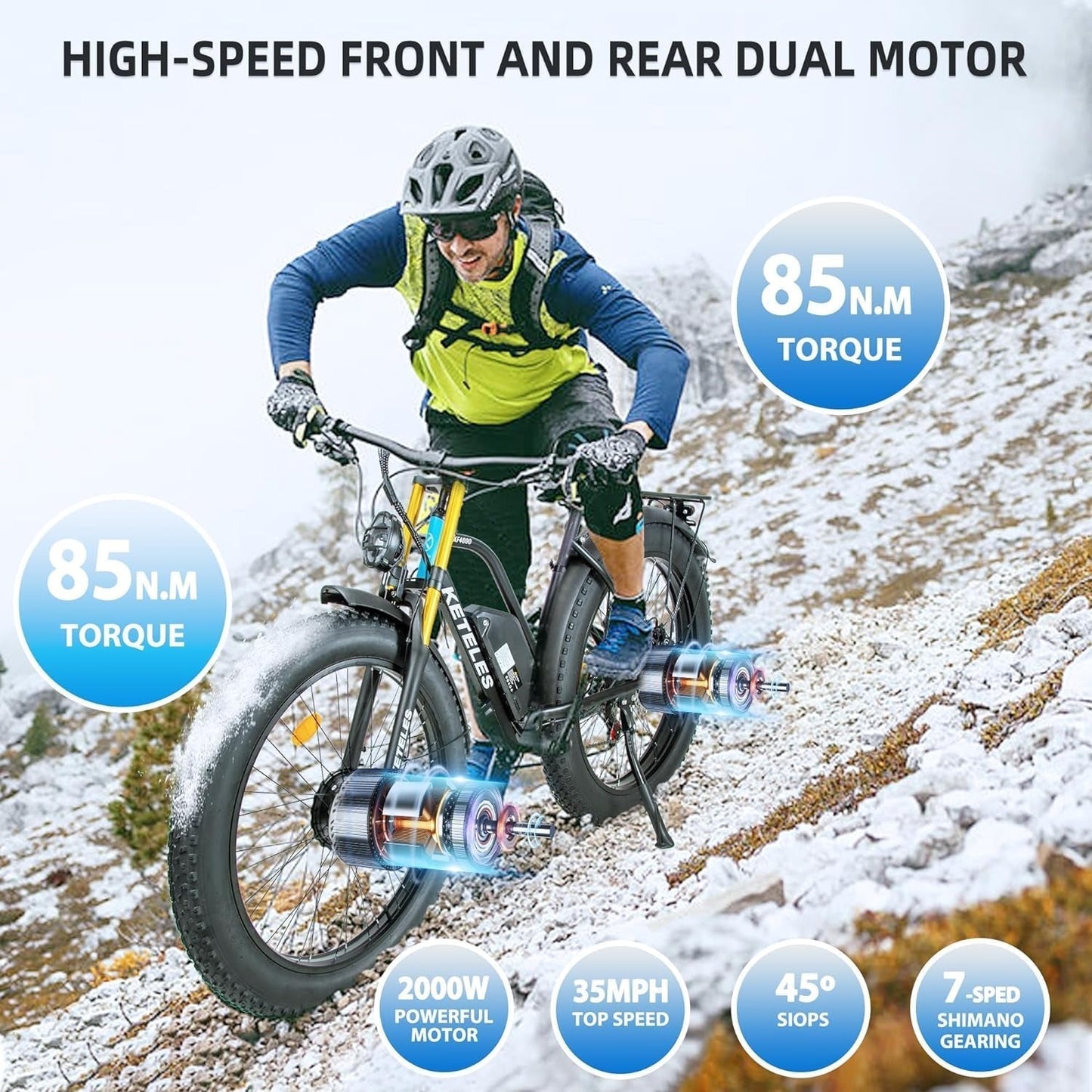 KETELES 2000W Electric-Bike Dual-Motor-Ebike-Adults-Men - 26" Fat Tire Electric-Bicycles 48V 23AH Removable Battery 35 MPH, Hydraulic Disc Brake for