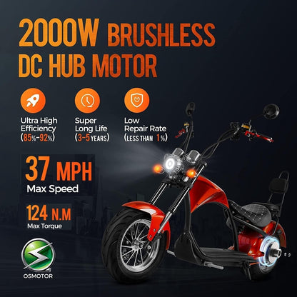 M1 2 Seat Electric Motorcycle for Adults, 37MPH 2000W Motor 60V 30Ah Lithium Battery 40 Miles Range, Full Suspension Dual Hydraulic Brakes, Commuting