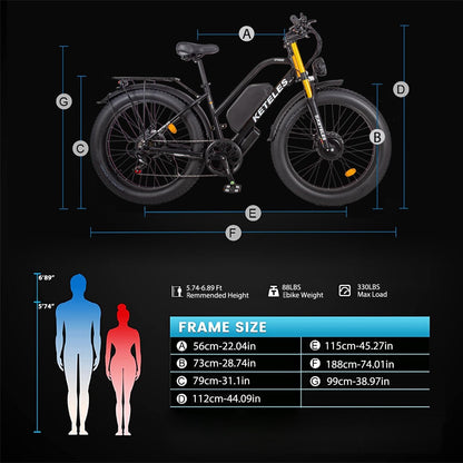 KETELES 2000W Electric-Bike Dual-Motor-Ebike-Adults-Men - 26" Fat Tire Electric-Bicycles 48V 23AH Removable Battery 35 MPH, Hydraulic Disc Brake for
