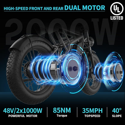 Electric Bike for Adults, Dual Motor & Dual Battery, 2000W/48V/40Ah/55Ah, 20"X4.0" Fat Tires off Road Electric Bicycle with Removable Battery,