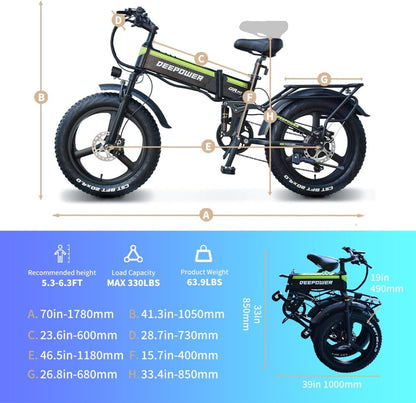 H20Pro Electric Bike, 1000W 20" Fat Tire Folding Electric Bicycle, 48V 20Ah Removable Lithium Battery, 7-Speed, Dual Shock Absorbers, Mountain Ebike