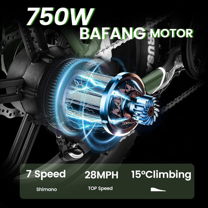Electric Bike for Adults 750W BAFANG Motor 48V 15Ah Removable LG Cells Battery 20" X 4.0 Fat Tire Ebike Step-Thru Electric Bicycle with Shimano