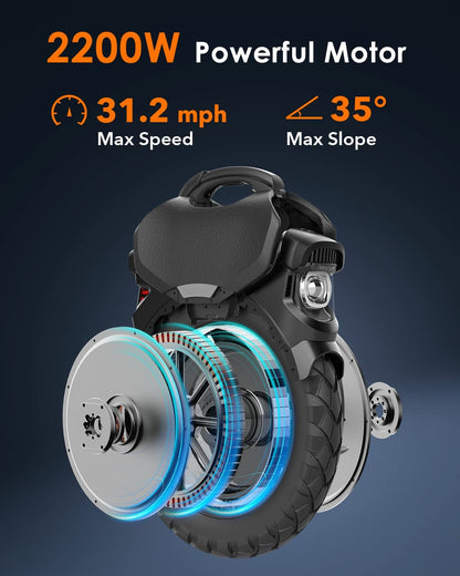 V11 Electric Unicycle - 18 Inch Self-Balancing Monowheel, Equipped with 3.35'' Air Suspension, 75 Miles Long Range, Maximum Speed of 34MPH and 35°