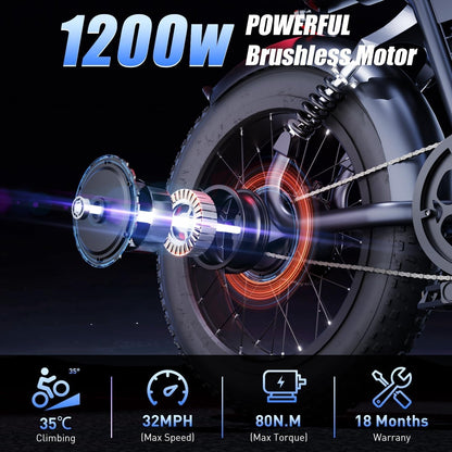 Cool Electric Bike for Adults, 1200W Fat Tire Ebike, up to 32.5MPH Electric Bicycle 48V/20Ah Removable Battery, 20 Inch E Bike Adult Electric
