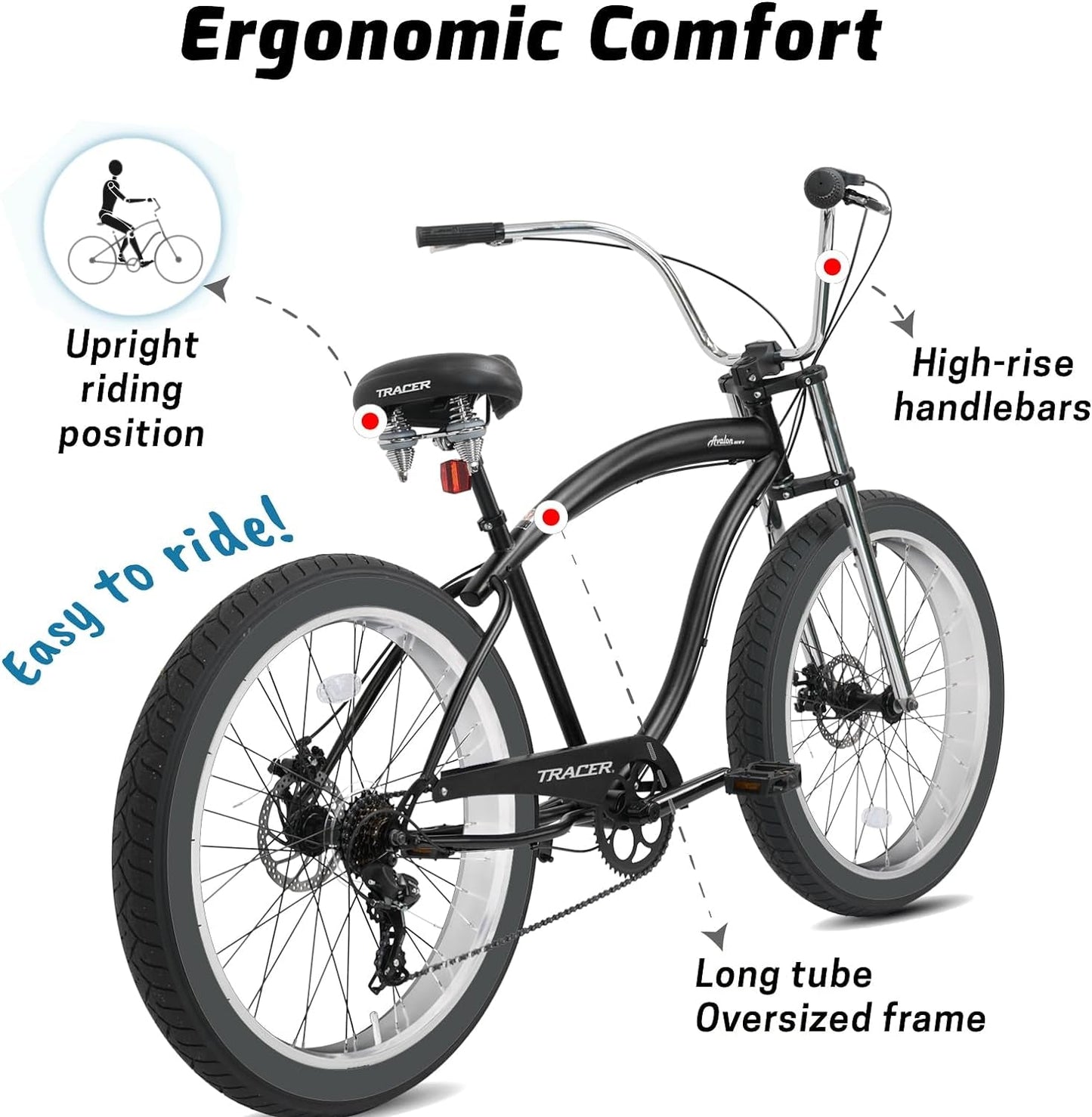 Avalon Beach Cruiser Bike for Adults, 26/29 Inch Wheels, 3.0/4.0 Fat Tire,1/7 Speed, Complete Cruiser Bike.