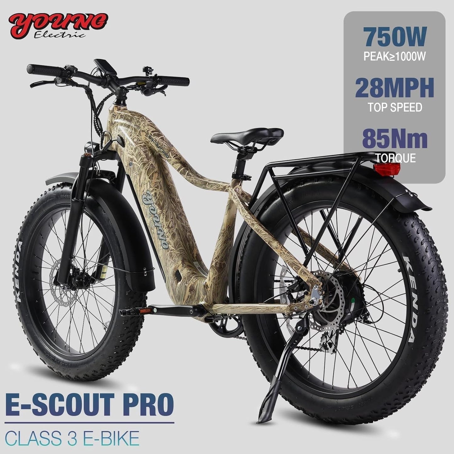 E-Scout PRO, 750W Young Electric Bike 48V/20Ah Battery with 3A Fast Charger, up to 80Mi 28MPH, 26''X4.0'' Fat Tire Mountain Snow Beach Off-Road Adult
