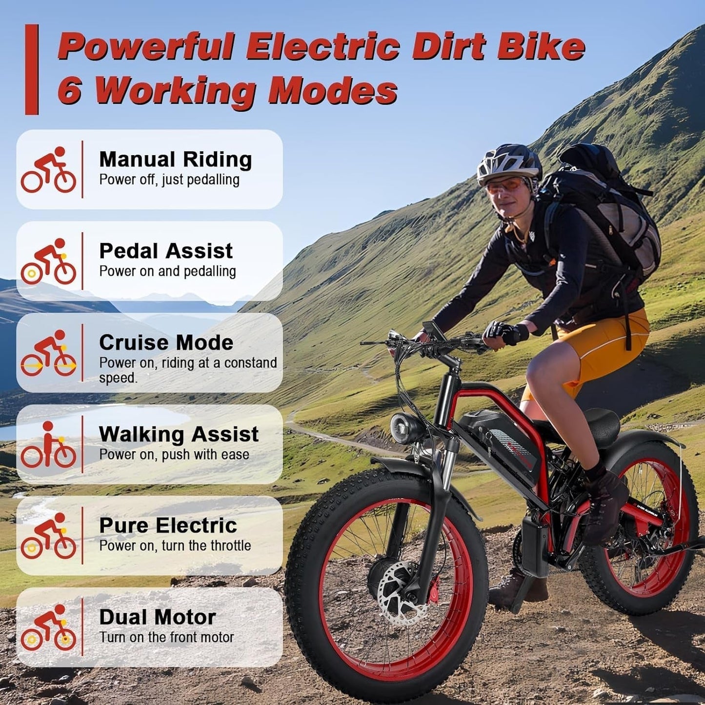 Adults Electric Bike, AWD Dual Motor 1500W/Peak 2000W, 48V 23Ah Electric Bicycle up to 35Mph&87Miles, 26''*4.0 Fat Tire Pedal Assist All Terrain
