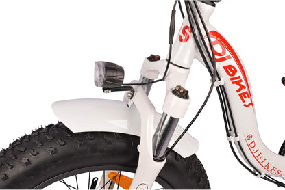 DJ Folding Bike Step Thru 750W 48V 13Ah Power Electric Bicycle, Pearl White, LED Bike Light, Suspension Fork and Shimano Gear