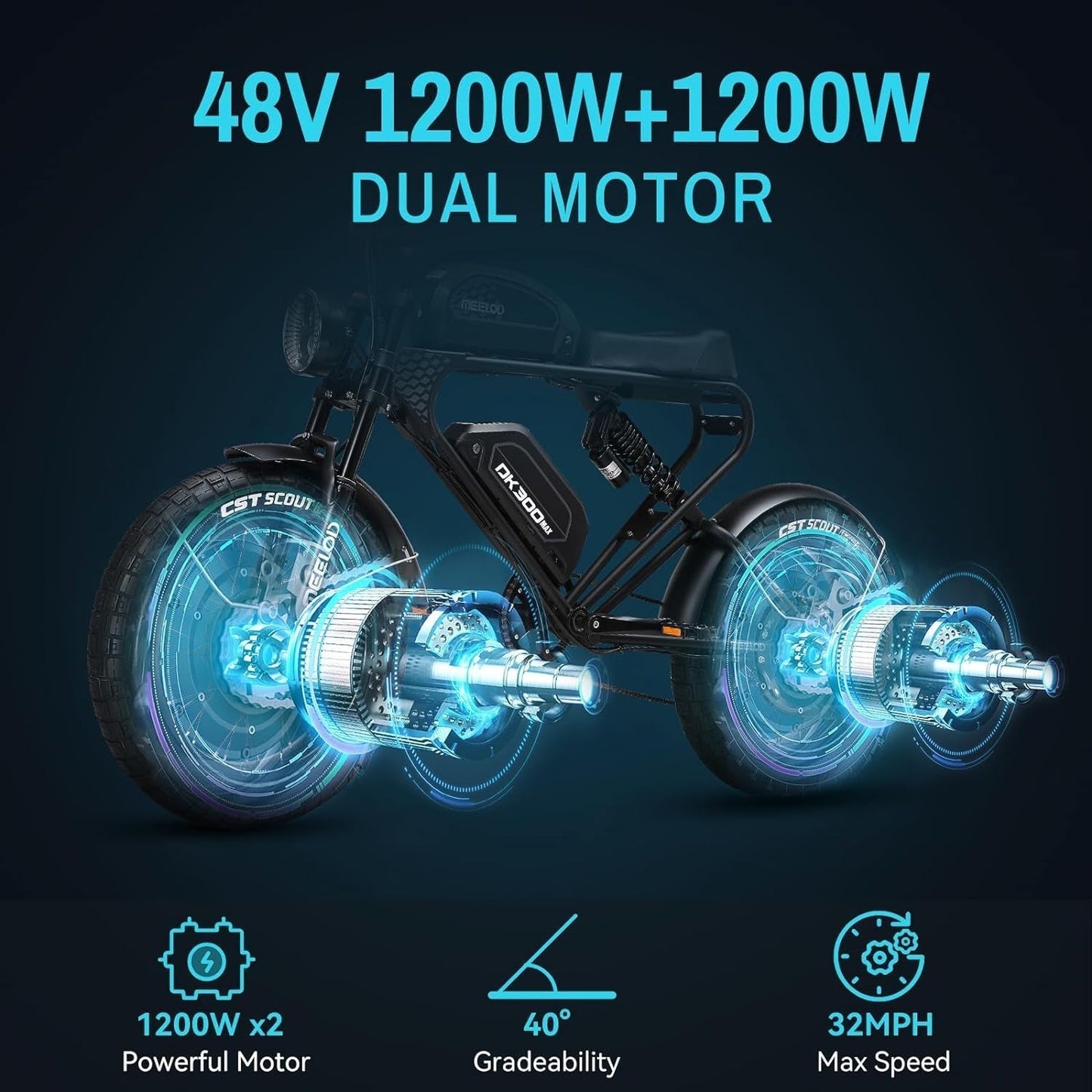 MEELOD Electric Bike Fat Tire Electric Bike Equipped with 1200W/2400W Dual Motor/Single Motor and 48V/40Ah or 48V/30Ah Dual Batteries 35Mph Electric