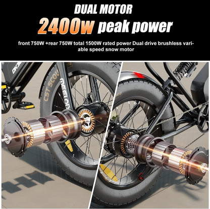 Electric Bike for Adults, Dual Motor & Dual Battery, 2400W/48V/40Ah, 20"X4.0" Fat Tires off Road Electric Bicycle with Removable Battery, 45MPH&75-150