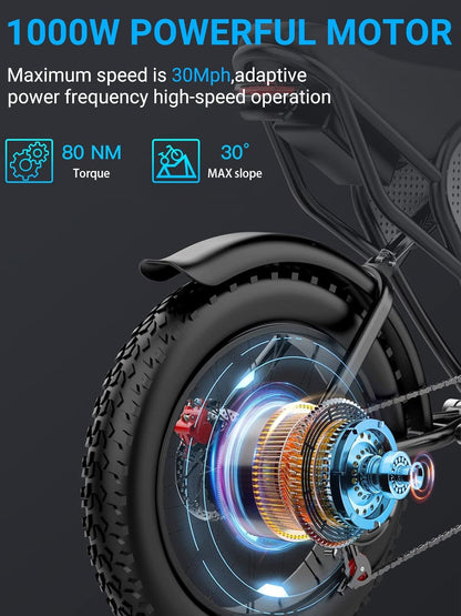 Electric Bike for Adults, 1000W/2000W, 25/30/35MPH Electric Dirt Bike, 48V 15/20AH, 52V 40AH Battery, Max 40-75 Miles, 20" Fat Tire Ebikes, Full