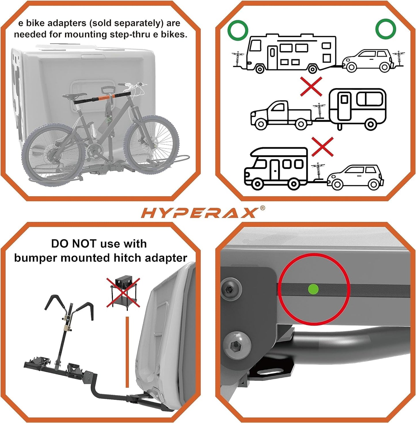 Volt RV 4X - Hitch Mounted 4 Bike Rack Carrier for RV, Camper, Trailer,Motorhome, Toad with 2" Class 3 or Higher Hitch Fits up to 2X75Lb E Bike