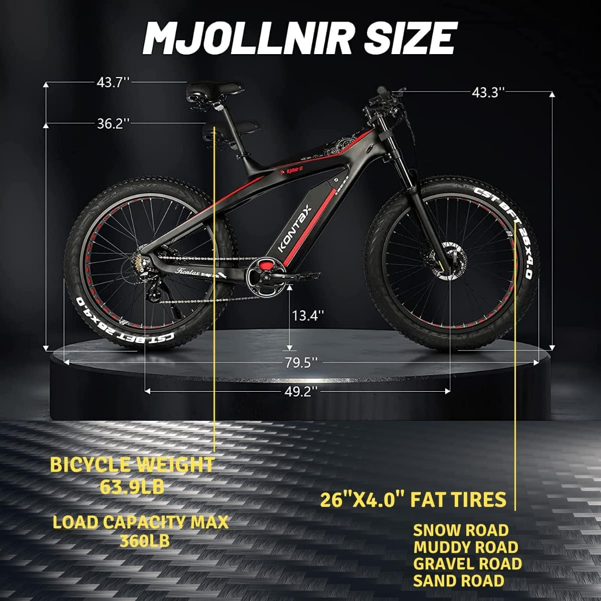 Electric Bikes Carbon Fiber Ebike for Adults 750W 25MPH, 48V/13Ah Removable Battery, 26'' Fat Tire Ebike Beach Mountain Snow E-Bike Shimano 8-Speed