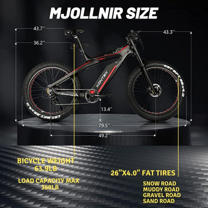 Electric Bikes Carbon Fiber Ebike for Adults 750W 25MPH, 48V/13Ah Removable Battery, 26'' Fat Tire Ebike Beach Mountain Snow E-Bike Shimano 8-Speed