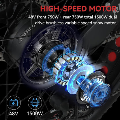 Electric Bike Match 1500W Dual Motor Peak Power 2400W and Samsung 48V 25Ah Lithium Battery Matches 26''X4.0'' Fat Tire, Electric Dirt Mountain Bike up