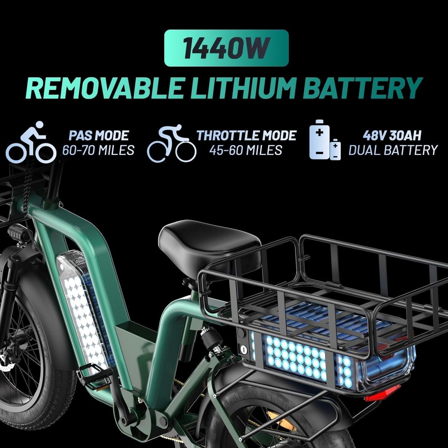 Electric Bike, 48V 30Ah Dual Battery Electric Bicycle, 60 Miles Long Range E-Bike for Adult with 750W Brushless Motor, 5 Speed Gear Pedal-Assisted