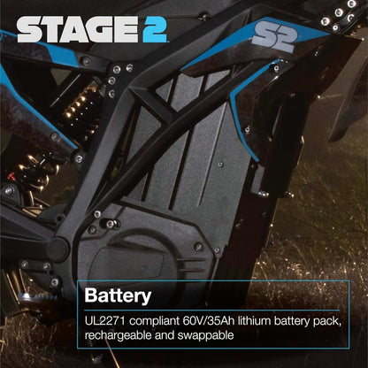 Stage2, M1 Electric Dirt Bike E Moto, 6000W (Peak) Brushless Motor, UL 2272 Compliant 60V Lithium Battery and Electrical System, up to 47 MPH, 3 Speed