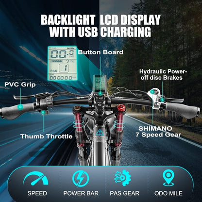 Electric Bike,750W 32 MPH Electric Mountain Bike for Adults, 26" Fat Tire Electric Bicycle with 48V 15Ah Removable Internal Lithium-Ion, Shimano 7