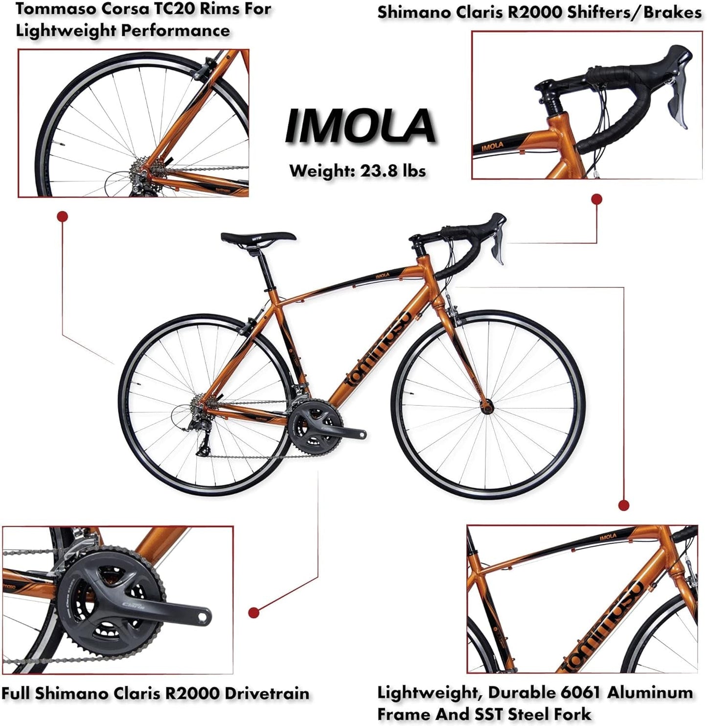 Imola Endurance Aluminum Road Bike, Shimano Claris R2000, 24 Speeds, Black, White, Burnt Orange