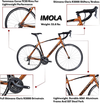Imola Endurance Aluminum Road Bike, Shimano Claris R2000, 24 Speeds, Black, White, Burnt Orange