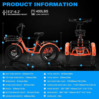 Electric Tricycle Adult Electric Bicycles, 350W 36V Electric Trike, 24" 26" 3 Wheel Electric Bike Ebike E Bicycle with Removable Battery, Motorized