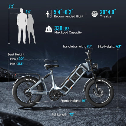 Juliet 【Upgraded】 1000W/48V/60Ah Electric Bike for Adults 20 * 4.0" Fat Tire E-Bike Long Range 100-200 Miles Full Suspension E Bike Step-Thru Commuter