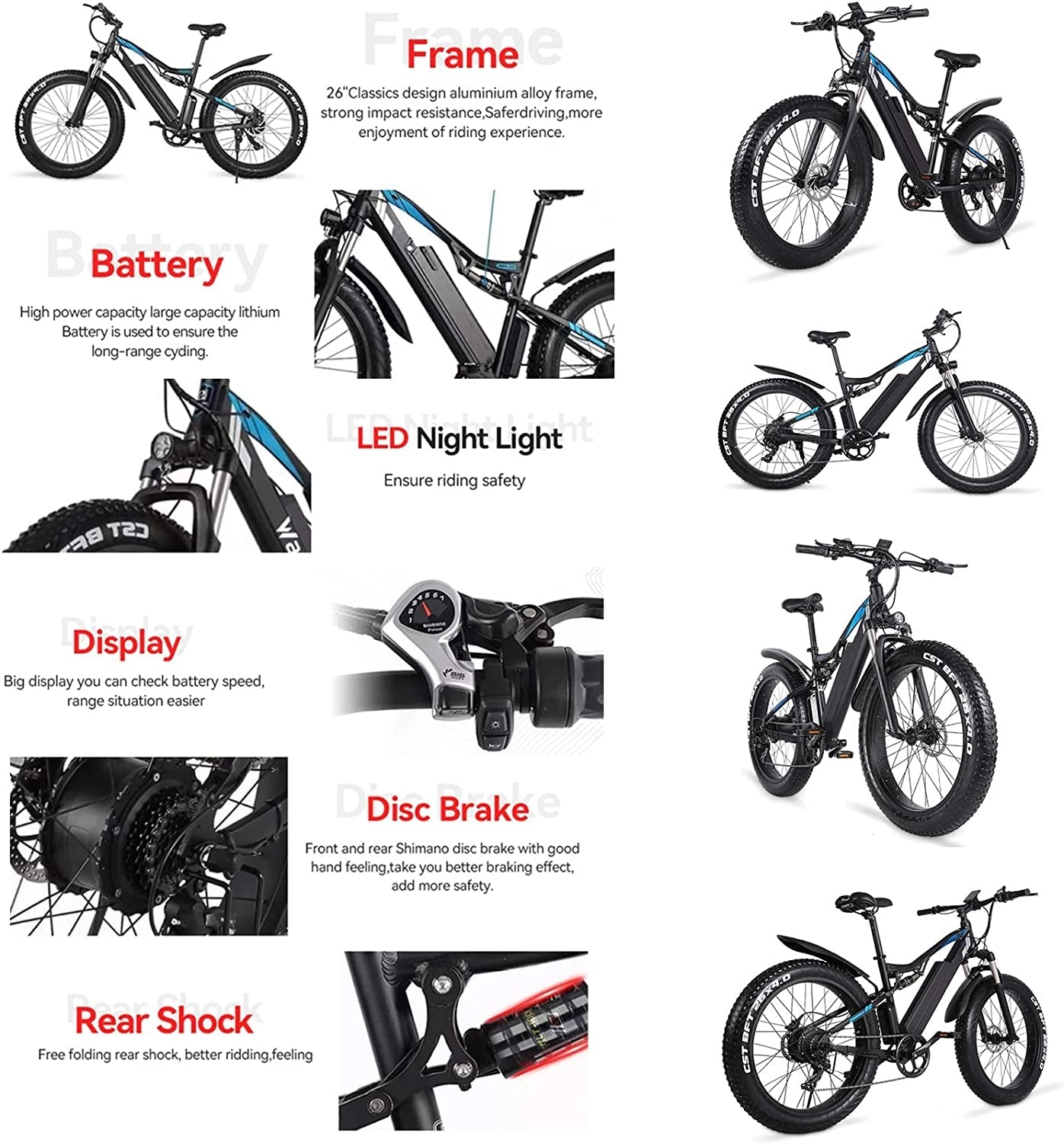 Electric Bike, Adults Electric Bicycle 20" X 4.0" Fat Tire E-Bike 1000W 48V 17Ah Removable Battery 7 Speed Gears Ebike Mountain Snow Beach City