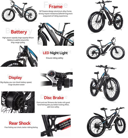 Electric Bike, Adults Electric Bicycle 20" X 4.0" Fat Tire E-Bike 1000W 48V 17Ah Removable Battery 7 Speed Gears Ebike Mountain Snow Beach City