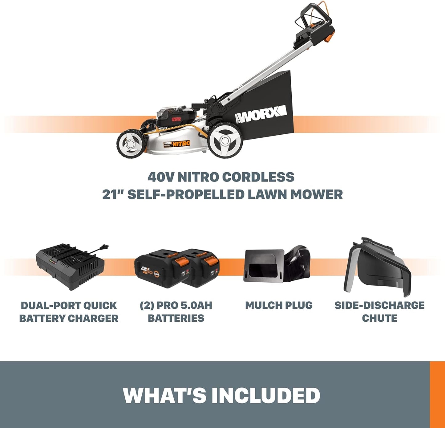 Worx 40V Cordless Self-Propelled Lawn Mower, Powerful Battery Lawn Mower with Brushless Motor, 3-in-1 Cordless Lawn Mower WG753 Power Share - 2 Batteries and Charger Included